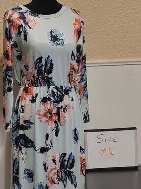 Light Blue Floral Long Sleeve Maxi Dress Size M/L soft